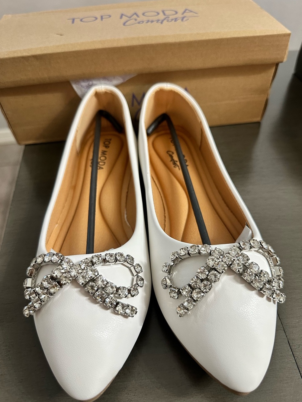 TOP Moda White Pointed Toe Flats with Crystal Bow Accents